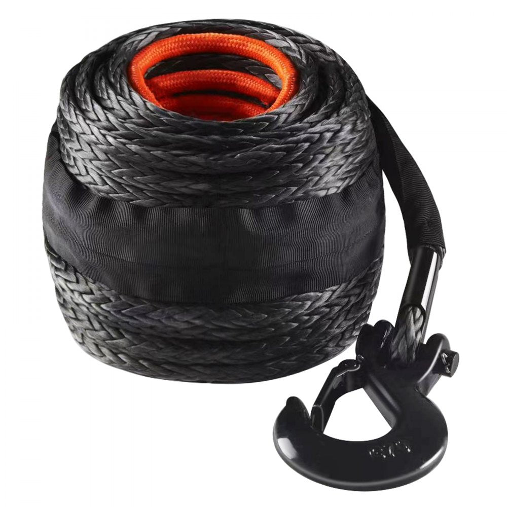 VEVOR Synthetic Winch Rope, 3/8 Inch x 100 Feet 26,500 lbs Synthetic Winch Line Cable Rope with Protective Sleeve + Forged Winch Hook + Pull Strap, Universal Fit for SUV, Large Off-Road Vehicle, Truck 