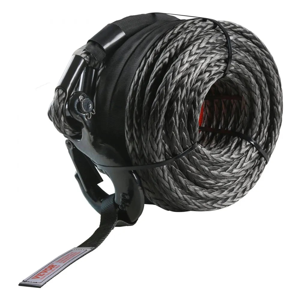 VEVOR Synthetic Winch Rope, 3/8 Inch x 85 Feet 26,500 lbs Synthetic Winch Line Cable Rope with Protective Sleeve + Forged Winch Hook + Pull Strap, Universal Fit for SUV, Large Off-Road Vehicle, Truck