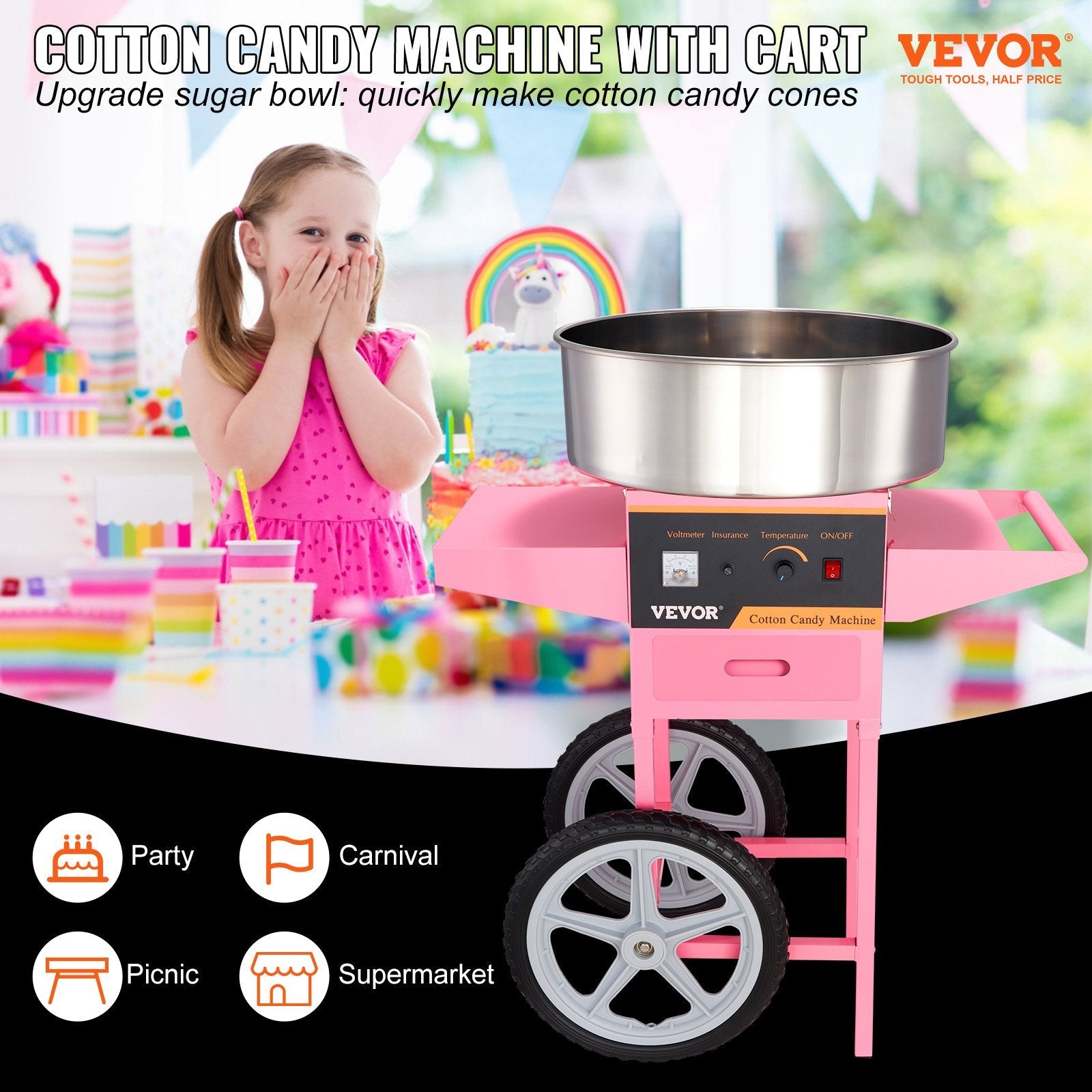 VEVOR Electric Cotton Candy Machine with Cart, 1000W Commercial Floss Maker with Stainless Steel Bowl, Sugar Scoop and Drawer, Perfect for Home, Kids Birthday, Family Party, Pink 