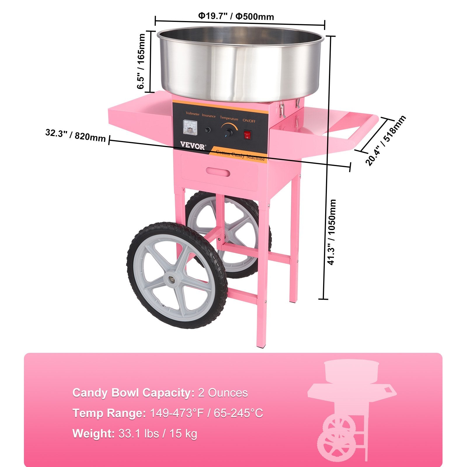 VEVOR Electric Cotton Candy Machine with Cart, 1000W Commercial Floss Maker with Stainless Steel Bowl, Sugar Scoop and Drawer, Perfect for Home, Kids Birthday, Family Party, Pink 