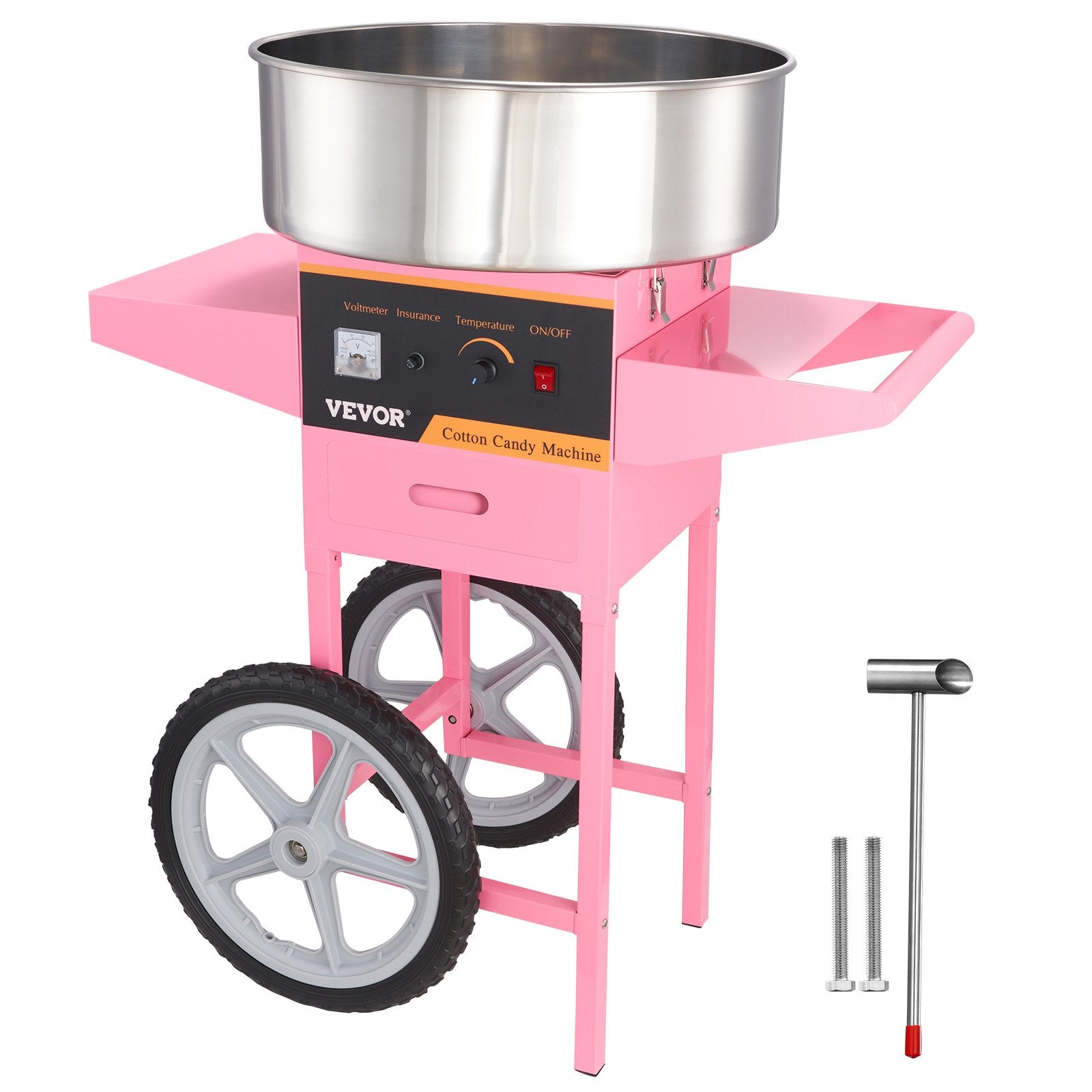 VEVOR Electric Cotton Candy Machine with Cart, 1000W Commercial Floss Maker with Stainless Steel Bowl, Sugar Scoop and Drawer, Perfect for Home, Kids Birthday, Family Party, Pink 