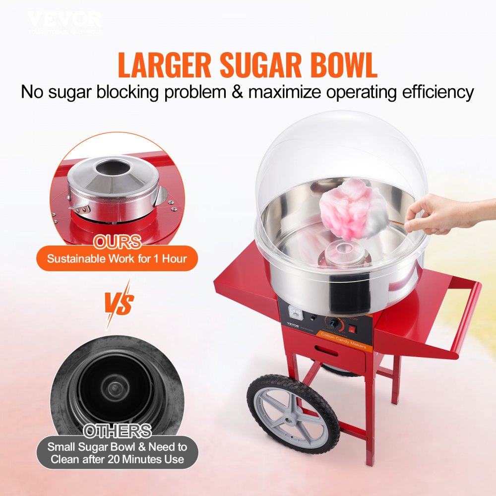 VEVOR Electric Cotton Candy Machine with Cart, 1000W Commercial Candy Floss Maker with Cover, Stainless Steel Bowl, Sugar Scoop and Drawer, Perfect for Home, Kids Birthday, Family Party, Red 