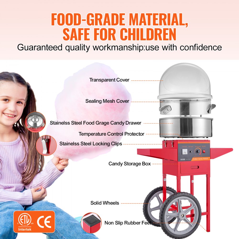 VEVOR Electric Cotton Candy Machine with Cart, 1000W Commercial Candy Floss Maker with Cover, Stainless Steel Bowl, Sugar Scoop and Drawer, Perfect for Home, Kids Birthday, Family Party, Red 