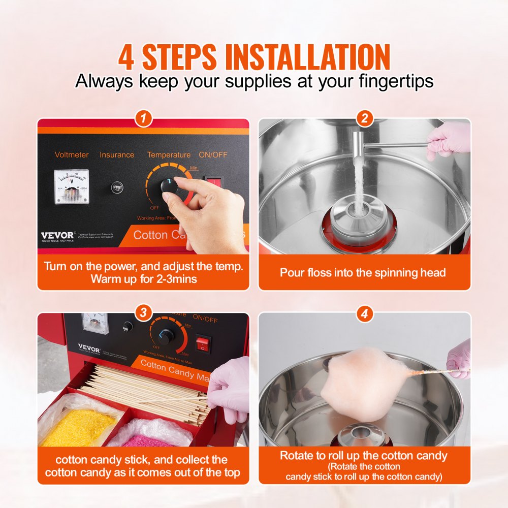 VEVOR Electric Cotton Candy Machine with Cart, 1000W Commercial Candy Floss Maker with Cover, Stainless Steel Bowl, Sugar Scoop and Drawer, Perfect for Home, Kids Birthday, Family Party, Red 