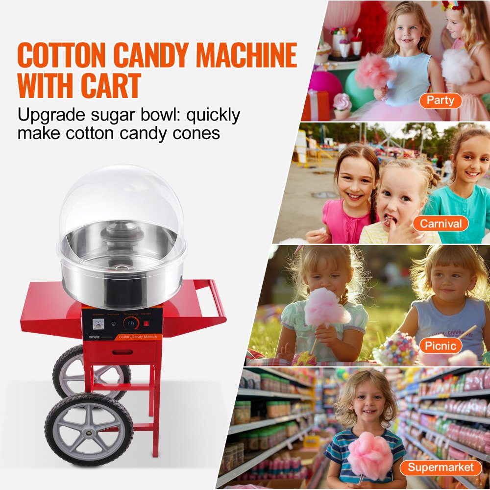 VEVOR Electric Cotton Candy Machine with Cart, 1000W Commercial Candy Floss Maker with Cover, Stainless Steel Bowl, Sugar Scoop and Drawer, Perfect for Home, Kids Birthday, Family Party, Red 