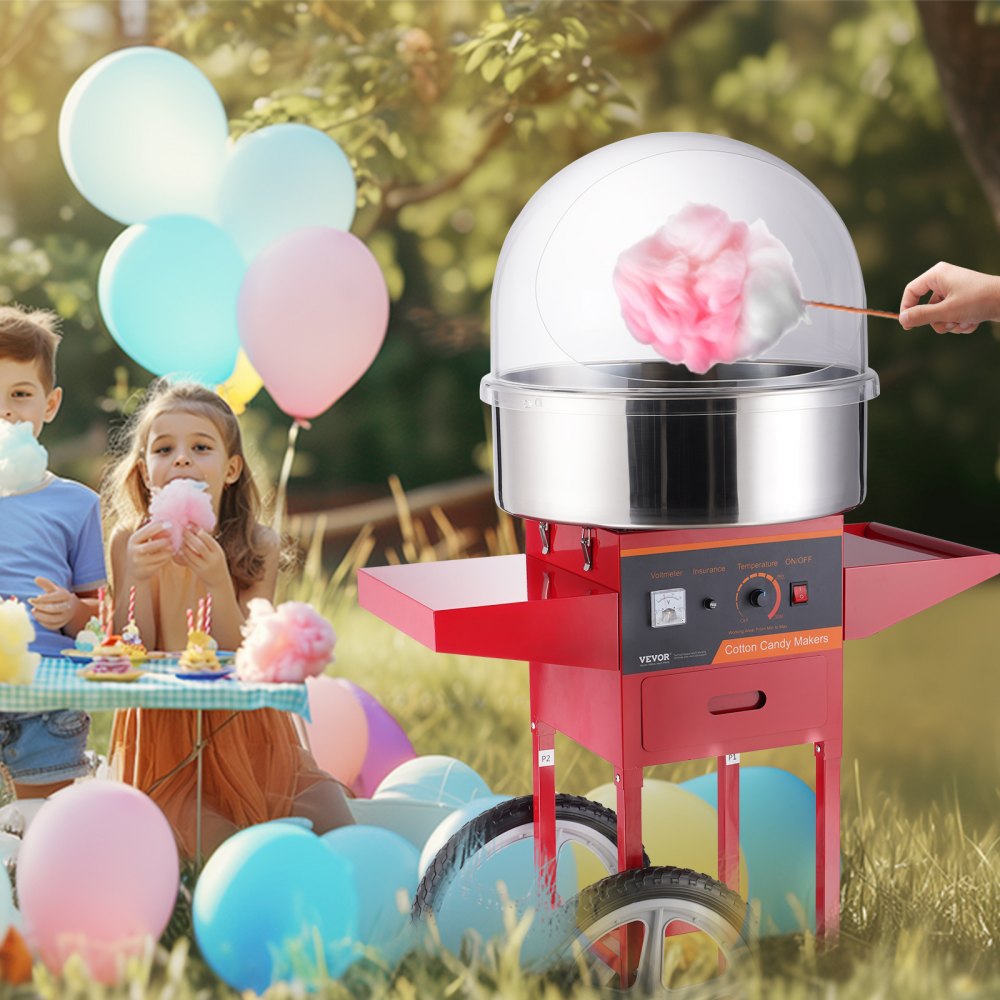 VEVOR Electric Cotton Candy Machine with Cart, 1000W Commercial Candy Floss Maker with Cover, Stainless Steel Bowl, Sugar Scoop and Drawer, Perfect for Home, Kids Birthday, Family Party, Red 