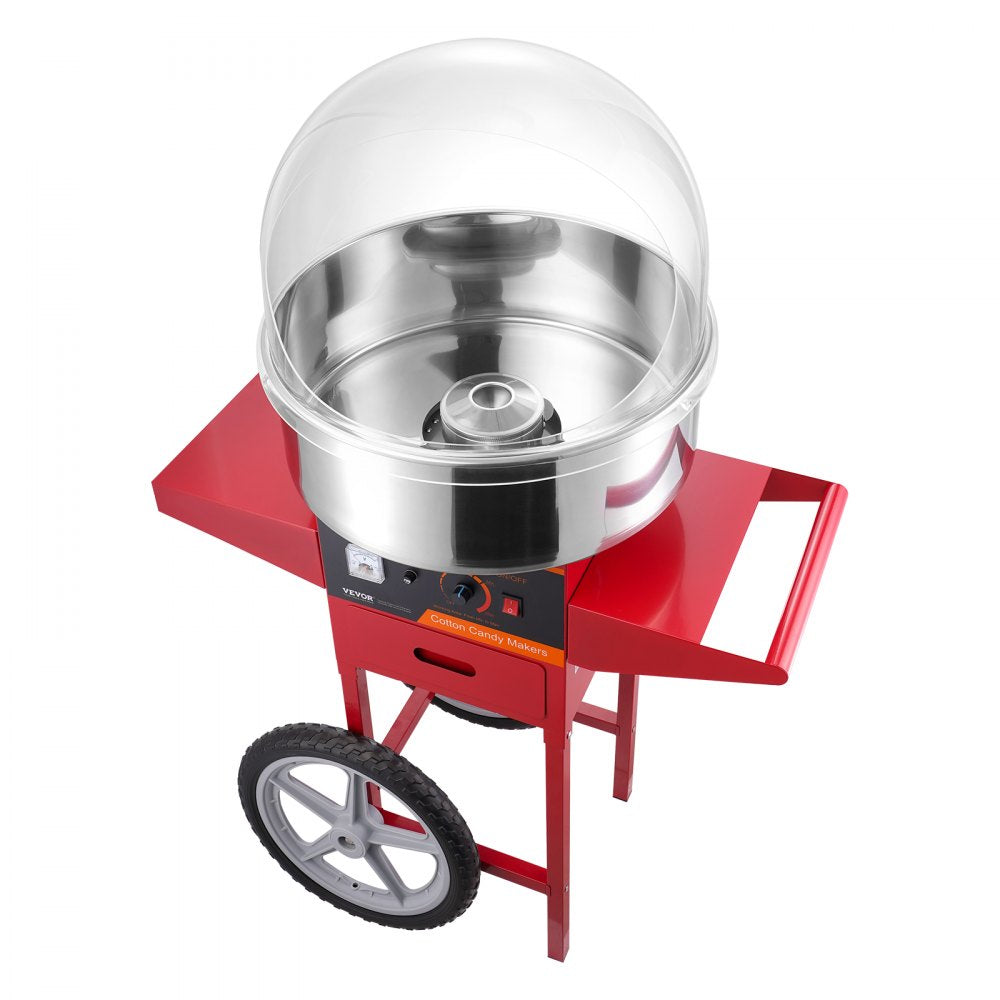 VEVOR Electric Cotton Candy Machine with Cart, 1000W Commercial Candy Floss Maker with Cover, Stainless Steel Bowl, Sugar Scoop and Drawer, Perfect for Home, Kids Birthday, Family Party, Red 