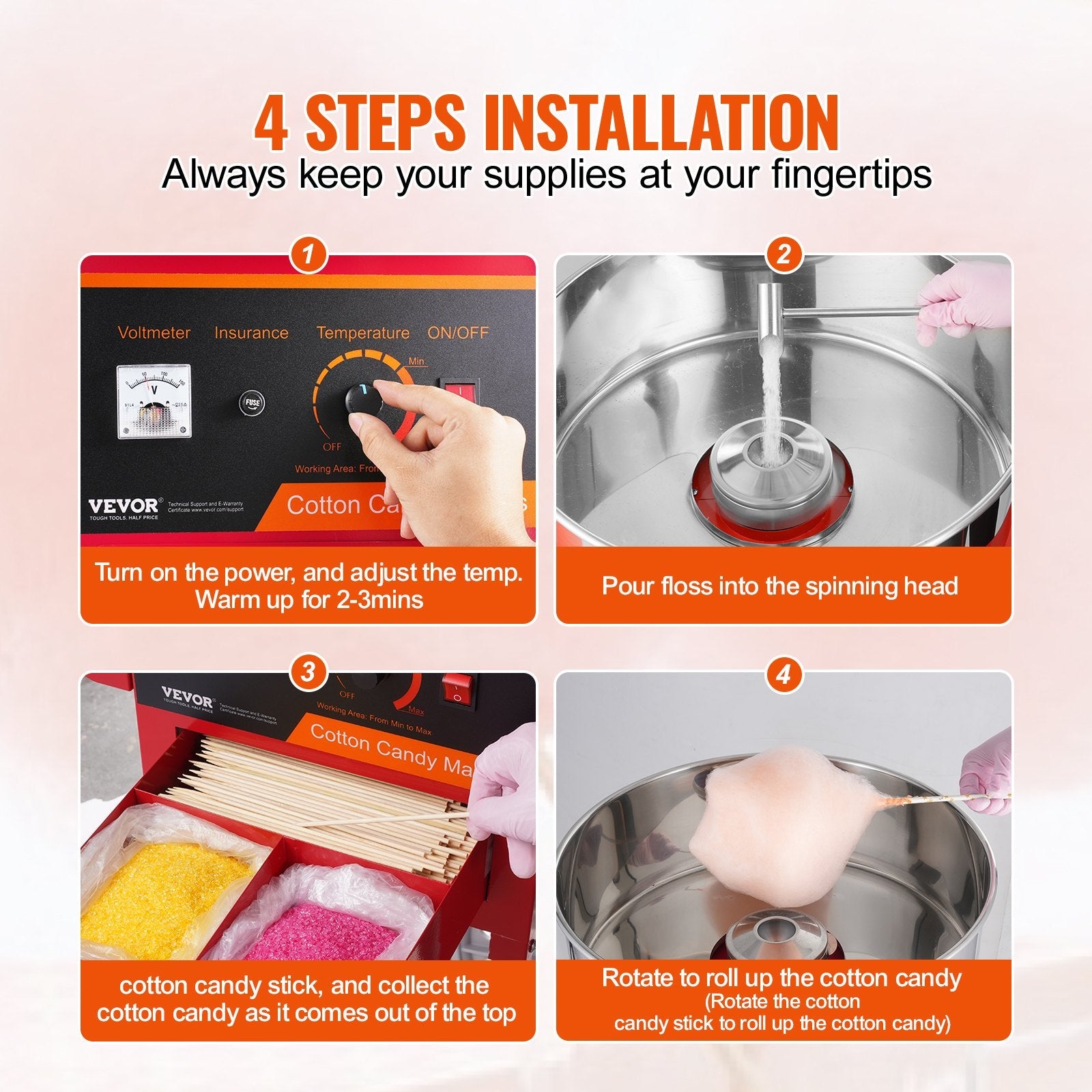 VEVOR Electric Cotton Candy Machine with Cart, 1000W Commercial Candy Floss Maker with Stainless Steel Bowl, Sugar Scoop and Drawer, Perfect for Home, Kids Birthday, Family Party, Red 