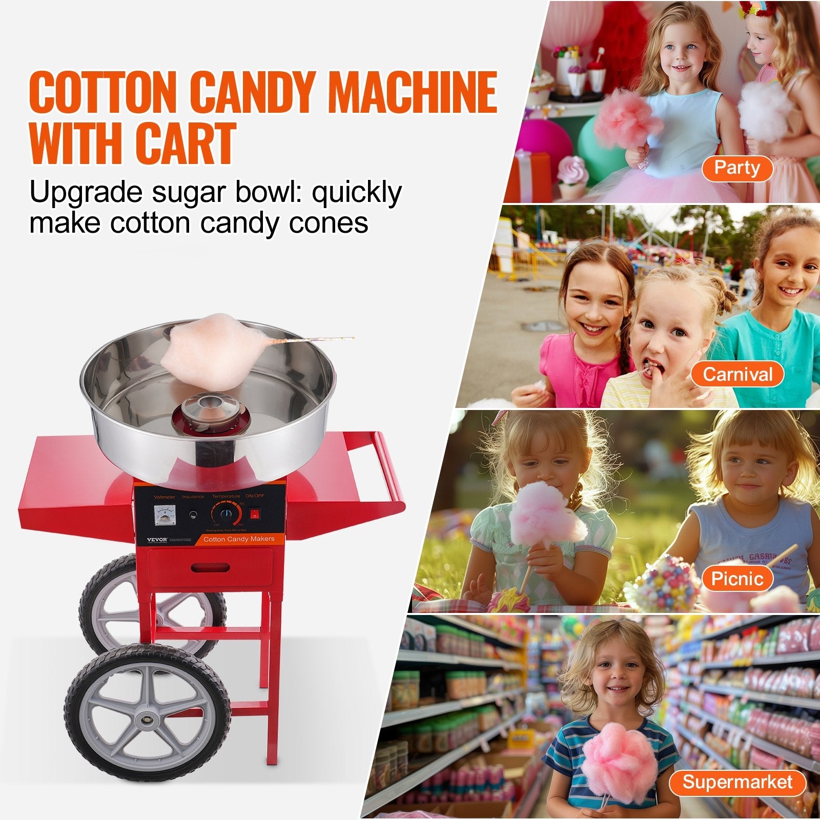 VEVOR Electric Cotton Candy Machine with Cart, 1000W Commercial Candy Floss Maker with Stainless Steel Bowl, Sugar Scoop and Drawer, Perfect for Home, Kids Birthday, Family Party, Red 