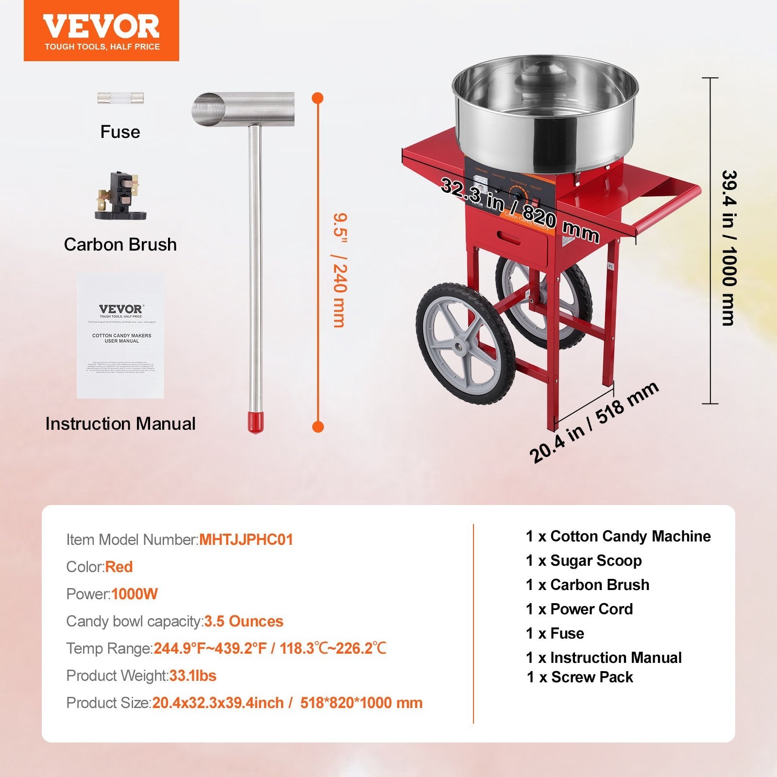 VEVOR Electric Cotton Candy Machine with Cart, 1000W Commercial Candy Floss Maker with Stainless Steel Bowl, Sugar Scoop and Drawer, Perfect for Home, Kids Birthday, Family Party, Red 