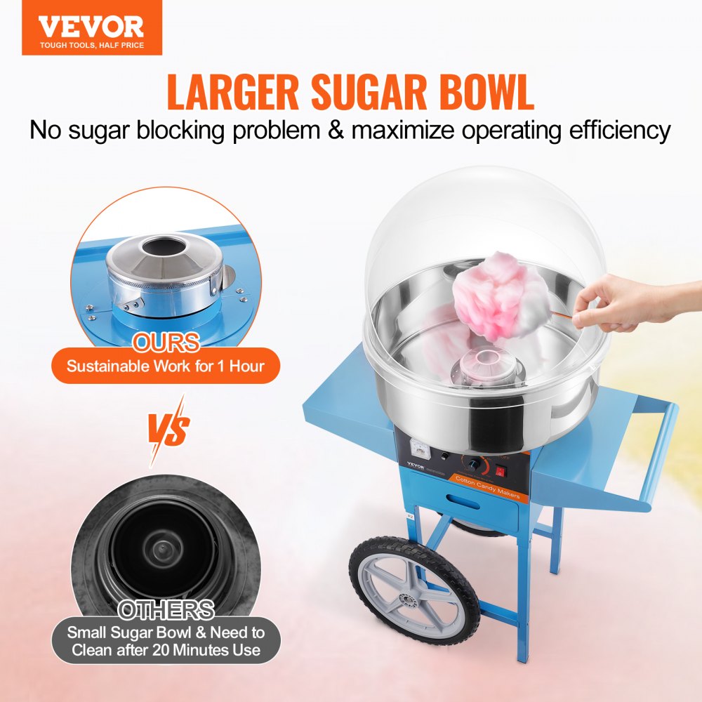 VEVOR Electric Cotton Candy Machine with Cart, 1000W Commercial Candy Floss Maker with Cover, Stainless Steel Bowl, Sugar Scoop and Drawer, Perfect for Home, Kids Birthday, Family Party, Blue 
