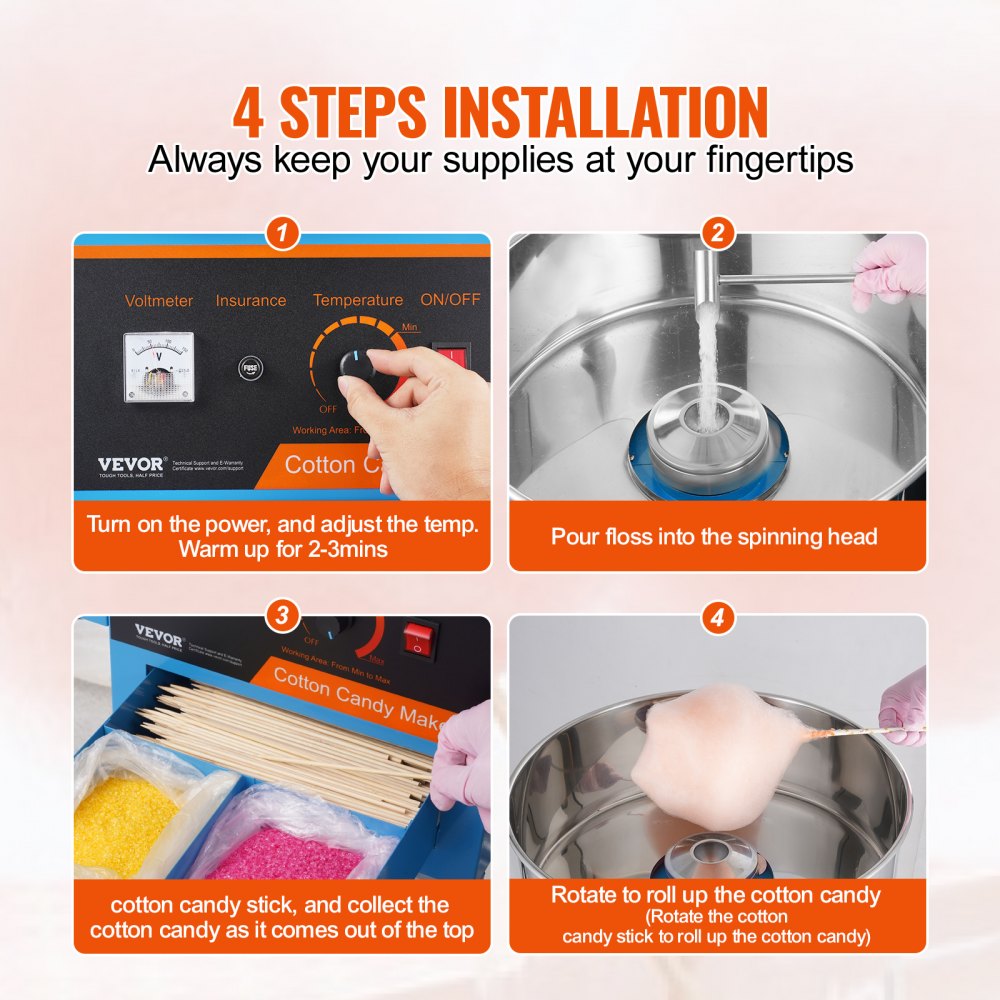 VEVOR Electric Cotton Candy Machine with Cart, 1000W Commercial Candy Floss Maker with Cover, Stainless Steel Bowl, Sugar Scoop and Drawer, Perfect for Home, Kids Birthday, Family Party, Blue 