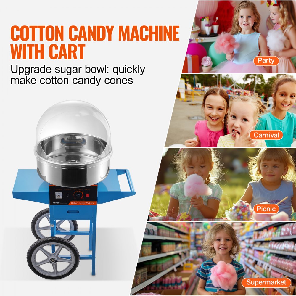 VEVOR Electric Cotton Candy Machine with Cart, 1000W Commercial Candy Floss Maker with Cover, Stainless Steel Bowl, Sugar Scoop and Drawer, Perfect for Home, Kids Birthday, Family Party, Blue 