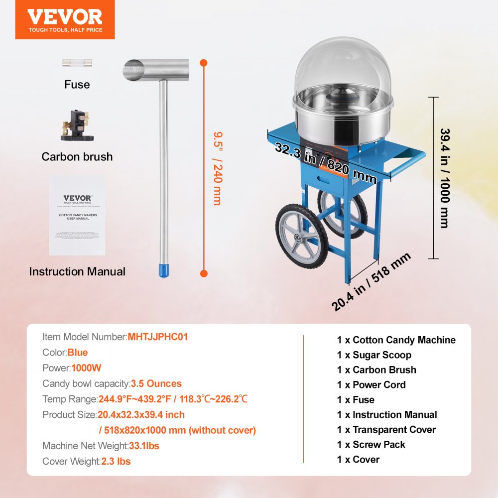 VEVOR Electric Cotton Candy Machine with Cart, 1000W Commercial Candy Floss Maker with Cover, Stainless Steel Bowl, Sugar Scoop and Drawer, Perfect for Home, Kids Birthday, Family Party, Blue 