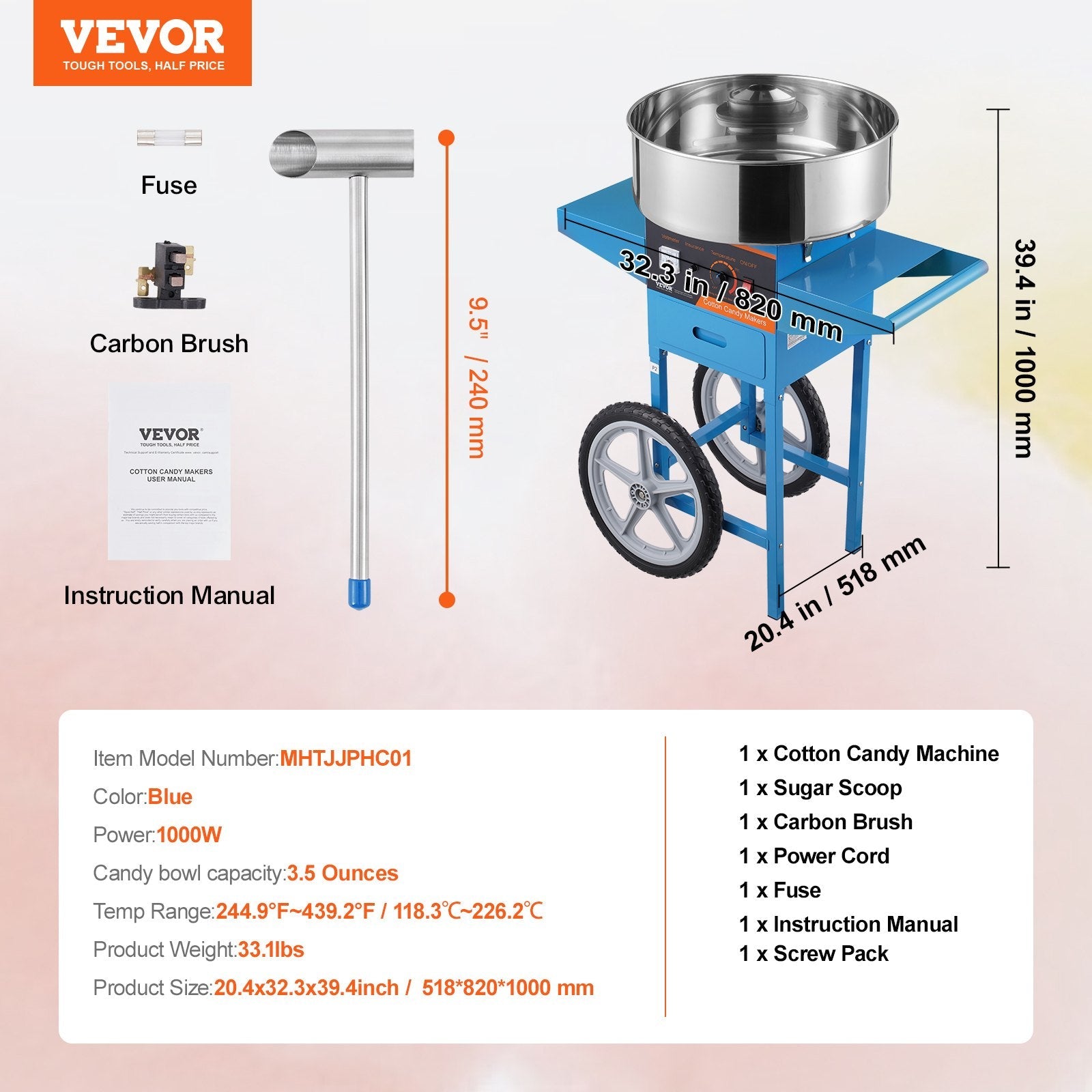 VEVOR Electric Cotton Candy Machine with Cart, 1000W Commercial Candy Floss Maker with Stainless Steel Bowl, Sugar Scoop and Drawer, Perfect for Home, Kids Birthday, Family Party, Blue 