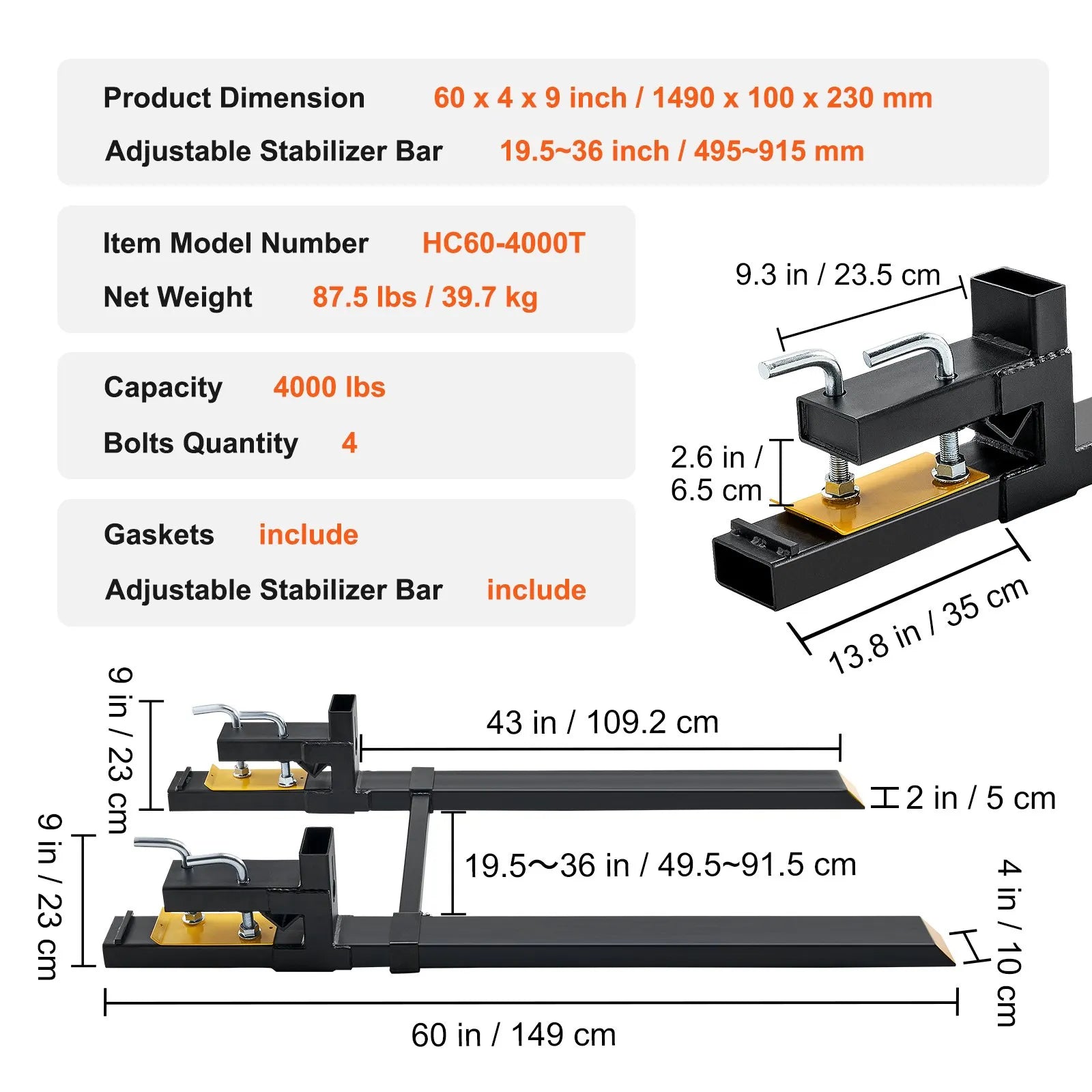 VEVOR Pallet Forks, 2000 lbs Clamp on Pallet Forks, 43" Total Length Heavy Duty Pallet Forks with Adjustable Stabilizer bar, Tractor Bucket Forks for Tractor Attachments, Skid Steer, Loader Bucket