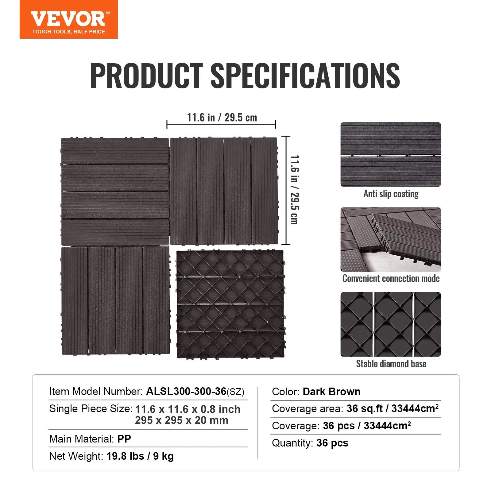 VEVOR Interlocking Deck Tiles 36 Pack 12"x12" Waterproof for Porch Dark Brown