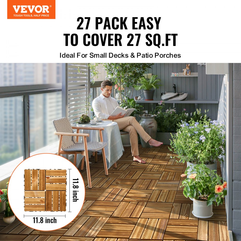 VEVOR Interlocking Deck Tiles Solid Wood 27 Pack 12"x12" Camphor Pine for Porch 