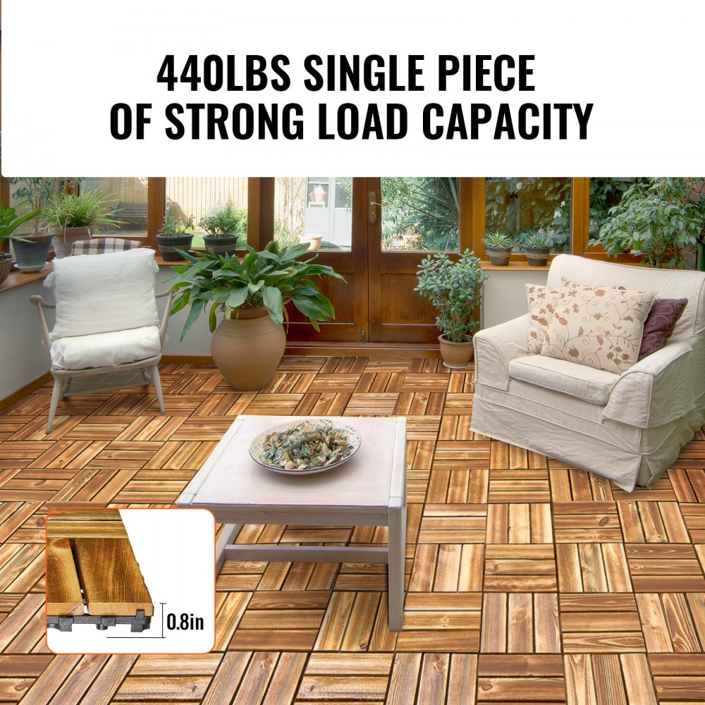 VEVOR Interlocking Deck Tiles Solid Wood 27 Pack 12"x12" Camphor Pine for Porch 