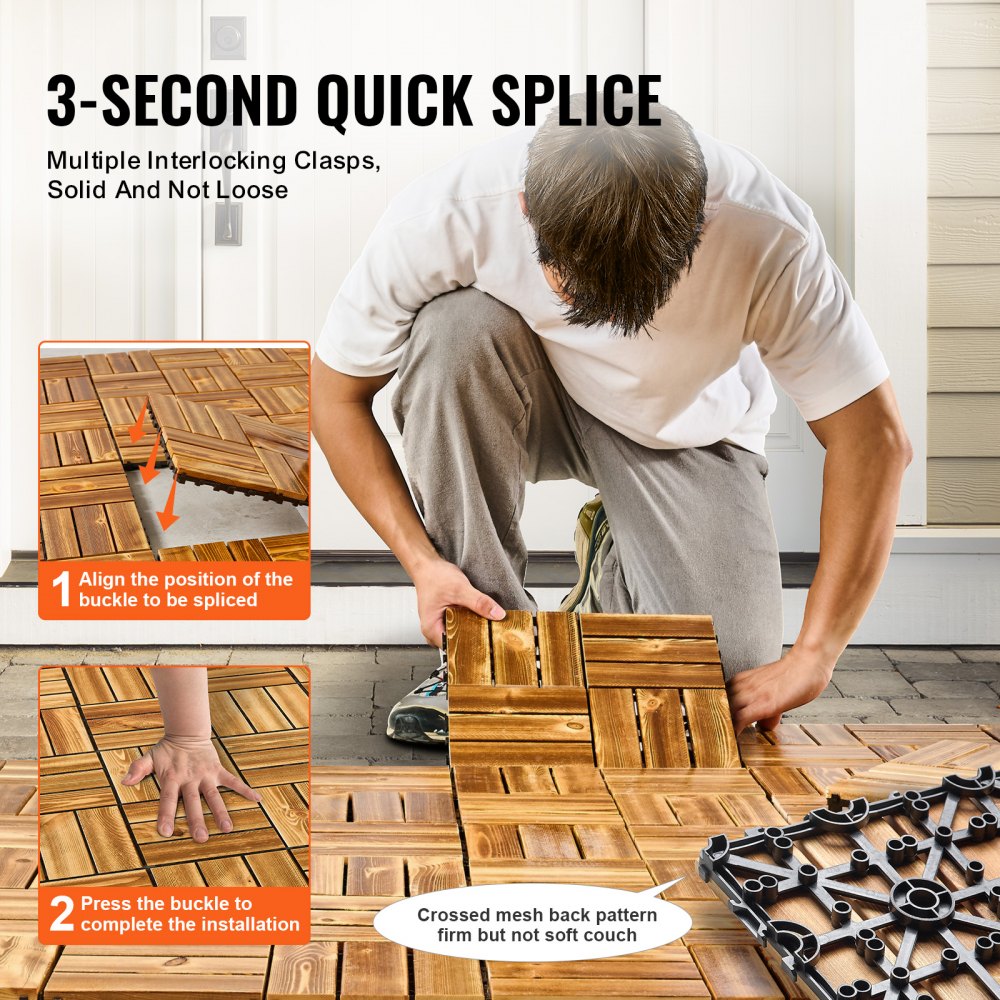 VEVOR Interlocking Deck Tiles Solid Wood 27 Pack 12"x12" Camphor Pine for Porch 