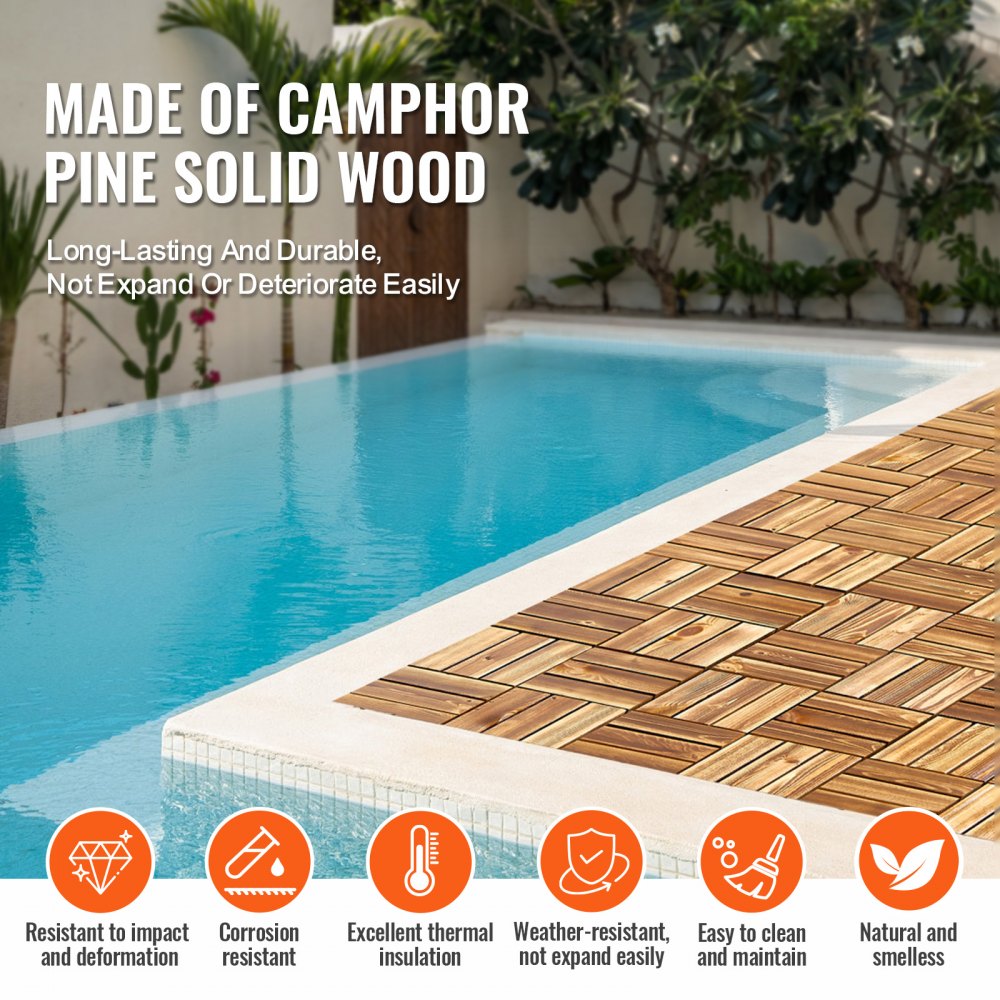 VEVOR Interlocking Deck Tiles Solid Wood 27 Pack 12"x12" Camphor Pine for Porch 