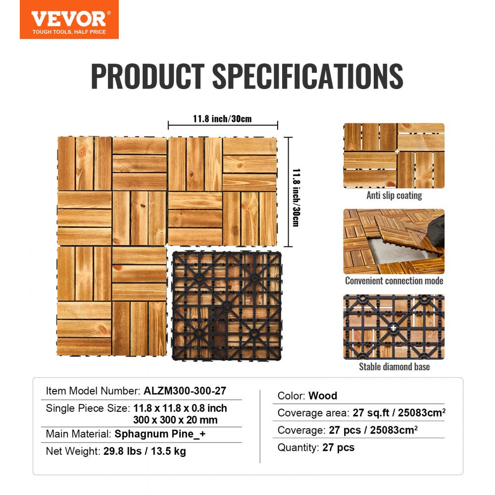 VEVOR Interlocking Deck Tiles Solid Wood 27 Pack 12"x12" Camphor Pine for Porch 
