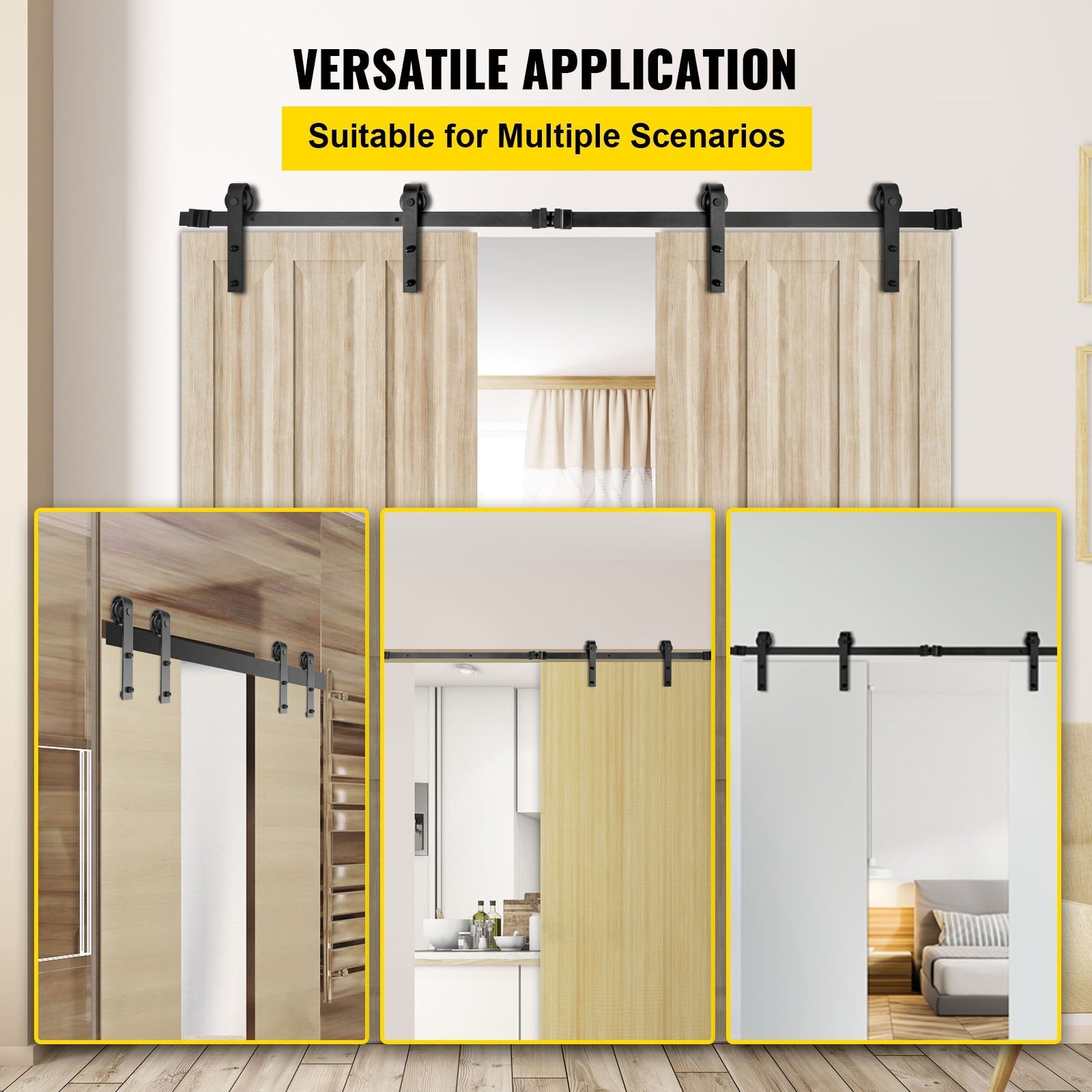VEVOR Sliding Barn Door Hardware Kit, 6FT Barn Door Kit, 330LBS Load-Bearing Double Barn Door Hardware Kit, Carbon Steel Barn Door Track, Darn Door for 1.57-1.77" Thickness & 3FT Wide Door Panel 