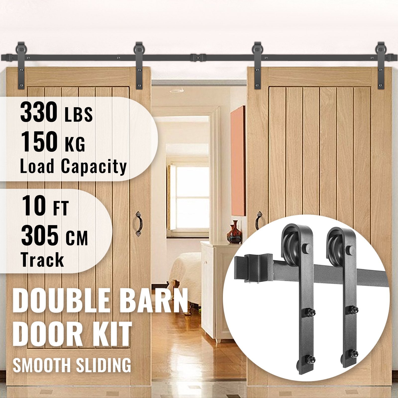VEVOR Sliding Barn Door Hardware Kit, 10FT Barn Door Kit, 330LBS Load-Bearing Double Barn Door Hardware Kit, Carbon Steel Barn Door Track, Darn Door for 1.37-1.77\" Thickness & 5FT Wide Door Panel 