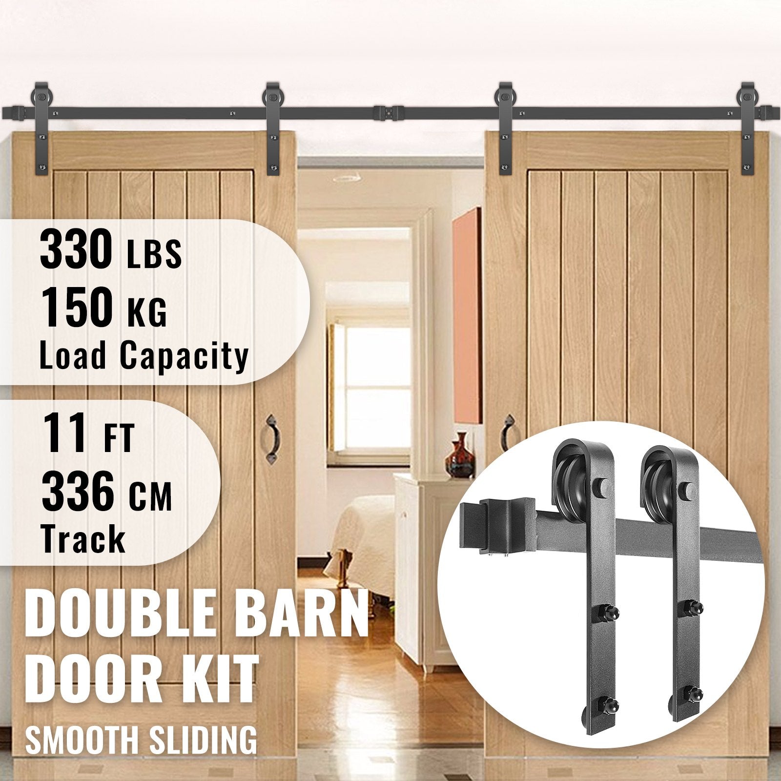 VEVOR Sliding Barn Door Hardware Kit, 9FT Barn Door Kit, 330LBS Load-Bearing Double Barn Door Hardware Kit, Carbon Steel Barn Door Track, Darn Door for 1.37-1.77\" Thickness & 4.5FT Wide Door Panel 