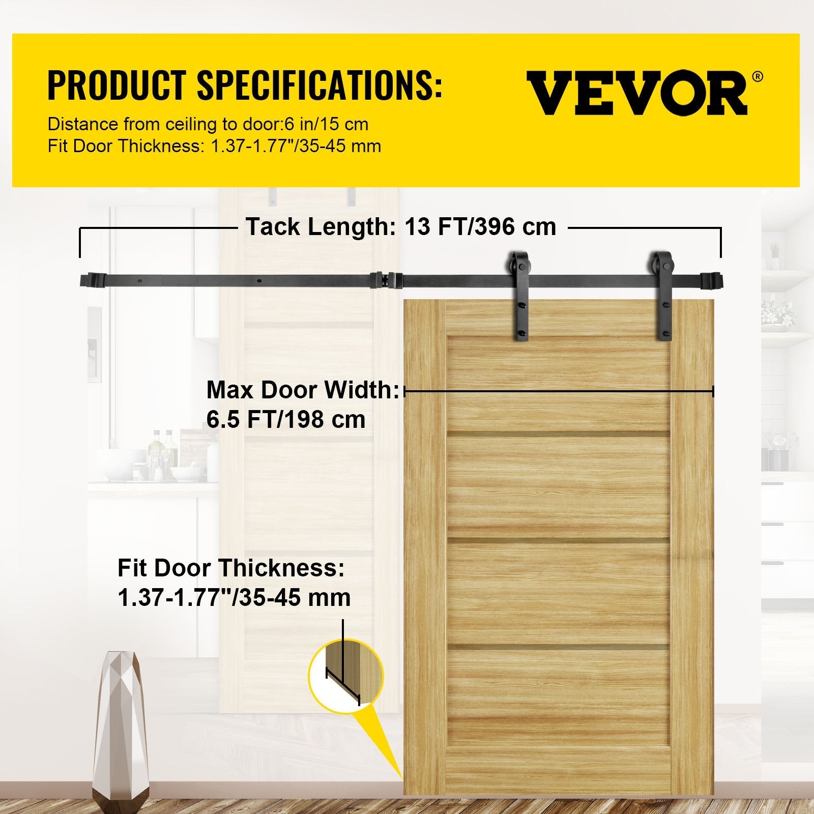 VEVOR Sliding Barn Door Hardware Kit, 13FT Barn Door Kit, 330LBS Load-Bearing Double Barn Door Hardware Kit, Carbon Steel Barn Door Track, Darn Door for 1.37-1.77\" Thickness & 6.5FT Wide Door Panel? 
