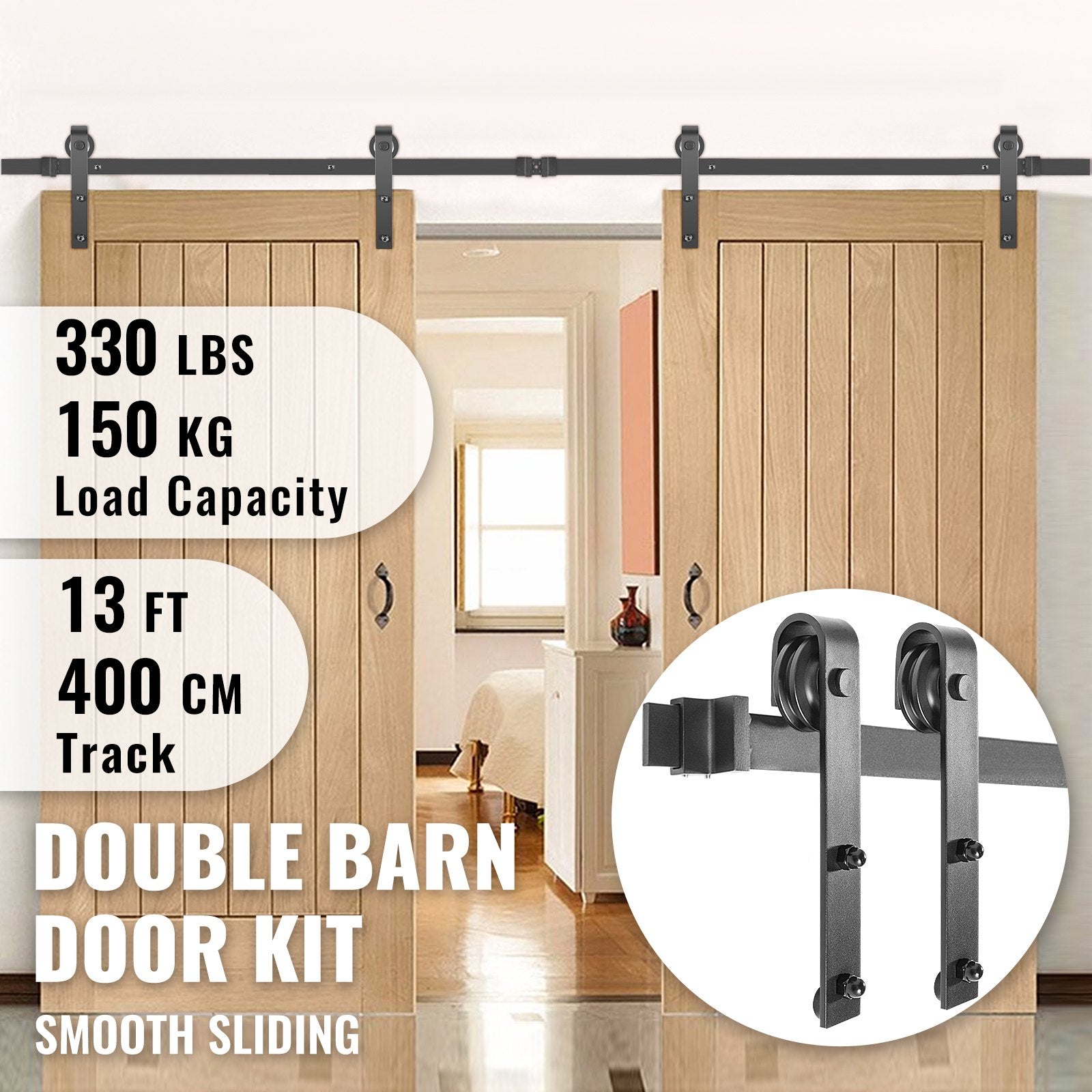 VEVOR Sliding Barn Door Hardware Kit, 13FT Barn Door Kit, 330LBS Load-Bearing Double Barn Door Hardware Kit, Carbon Steel Barn Door Track, Darn Door for 1.37-1.77\" Thickness & 6.5FT Wide Door Panel? 
