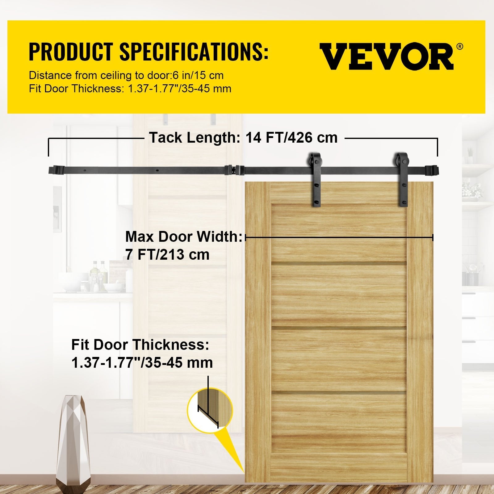 VEVOR Sliding Barn Door Hardware Kit, 14FT Barn Door Kit, 330LBS Load-Bearing Double Barn Door Hardware Kit, Carbon Steel Barn Door Track, Darn Door for 1.37-1.77\" Thickness & 7FT Wide Door Panel 