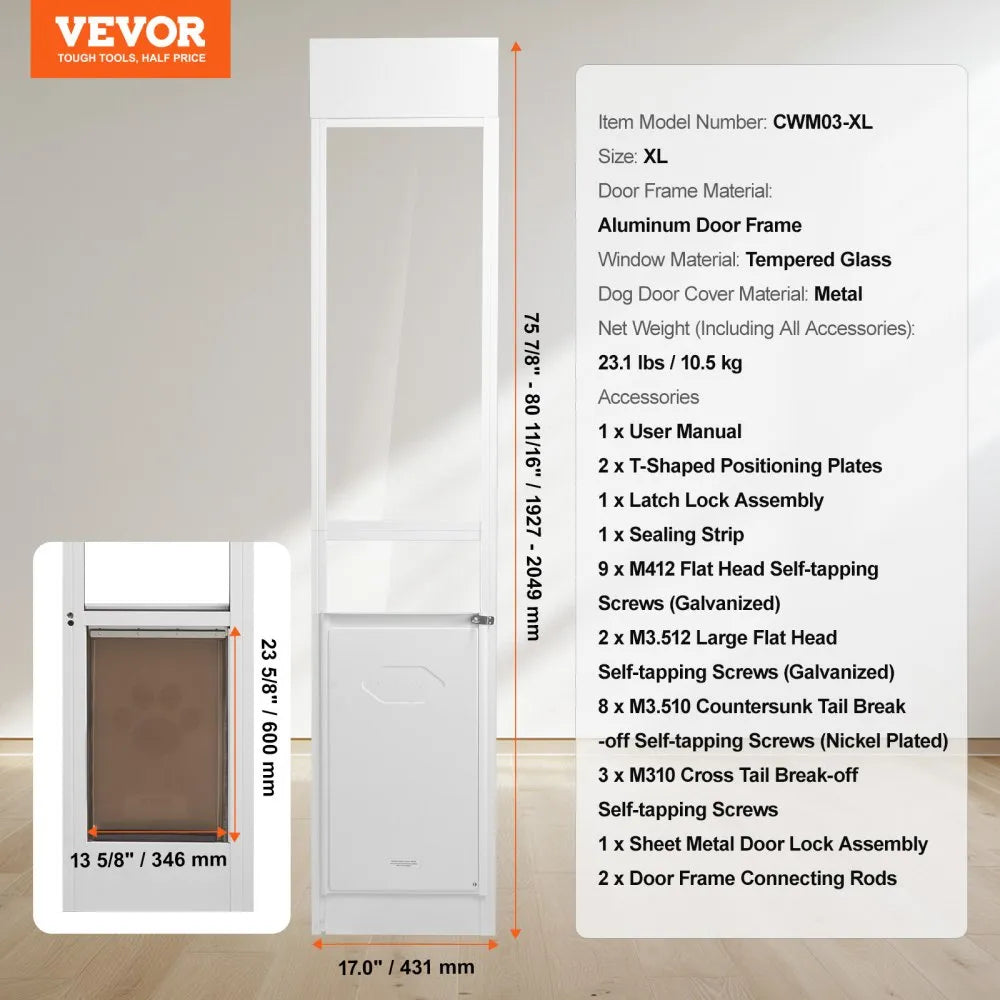 VEVOR Dog Door for Sliding Glass Door 75 7/8"-80 11/16" Adjustable Height XL
