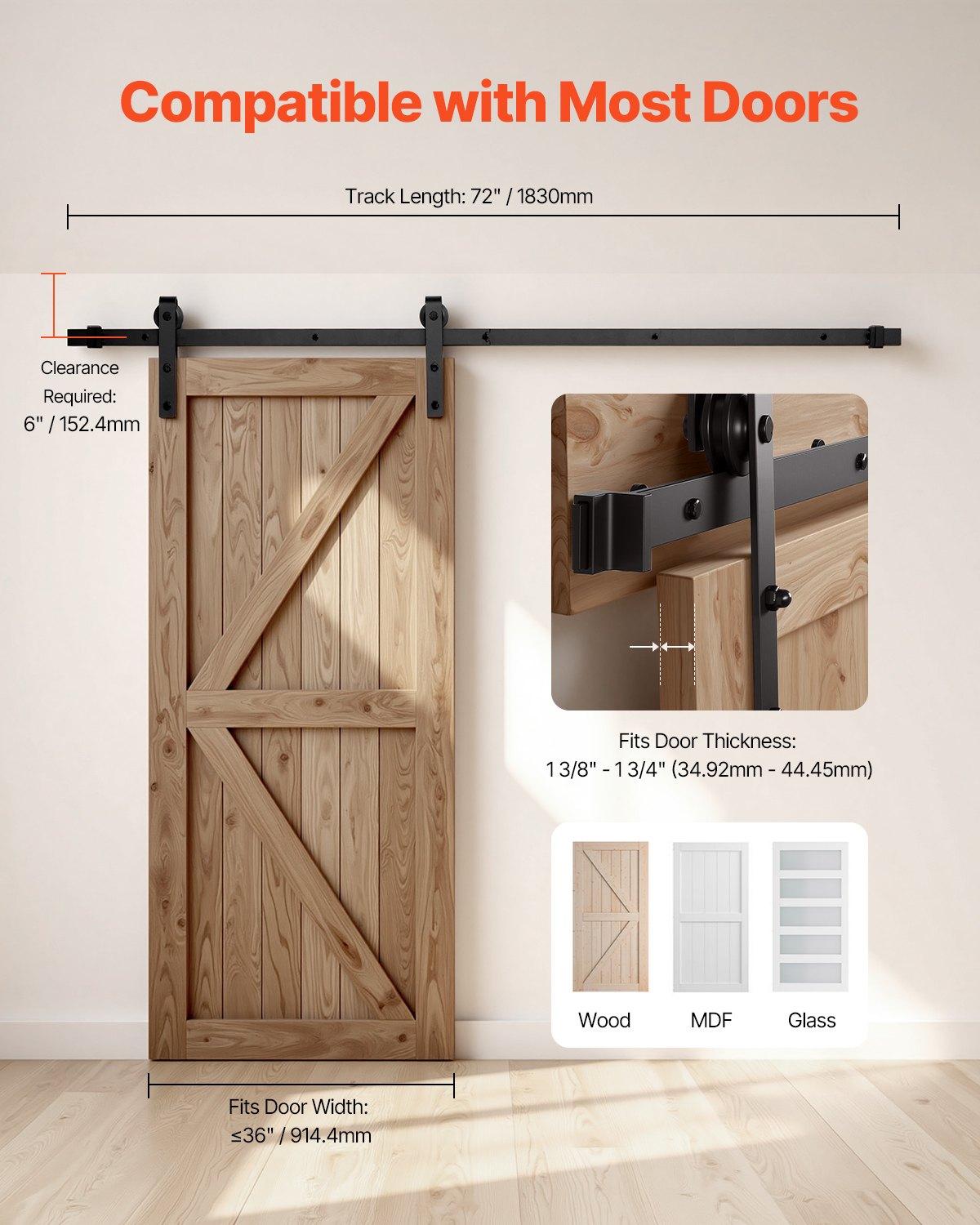 VEVOR 6FT Sliding Barn Door Hardware Kit for Single Sliding Barn Door Black 