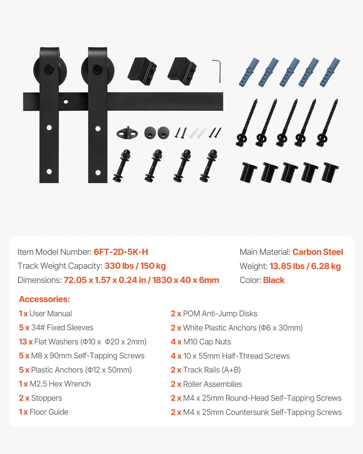 VEVOR 6FT Sliding Barn Door Hardware Kit for Single Sliding Barn Door Black 
