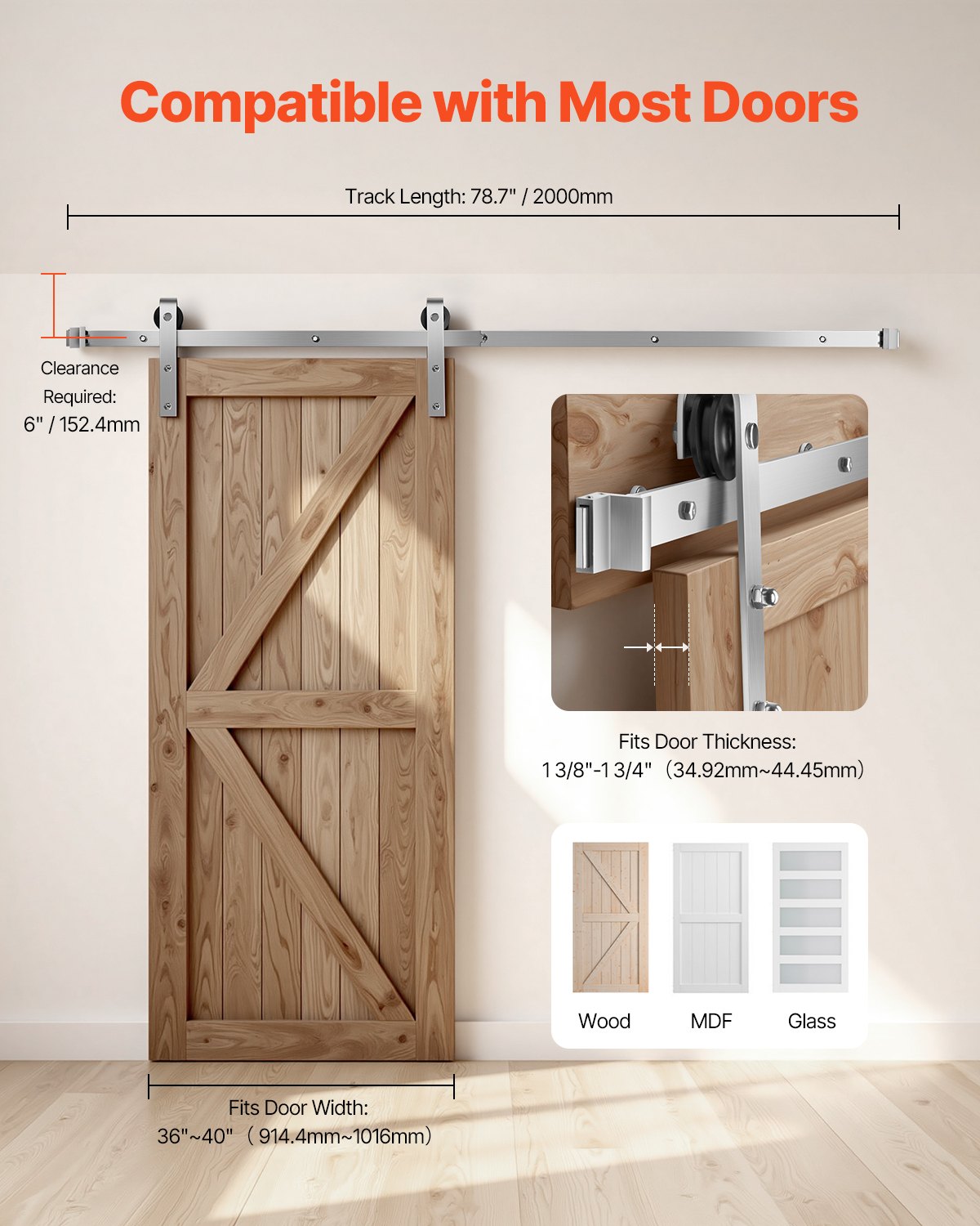 VEVOR 6.6FT Sliding Barn Door Hardware Kit for Single Sliding Barn Door Silver 