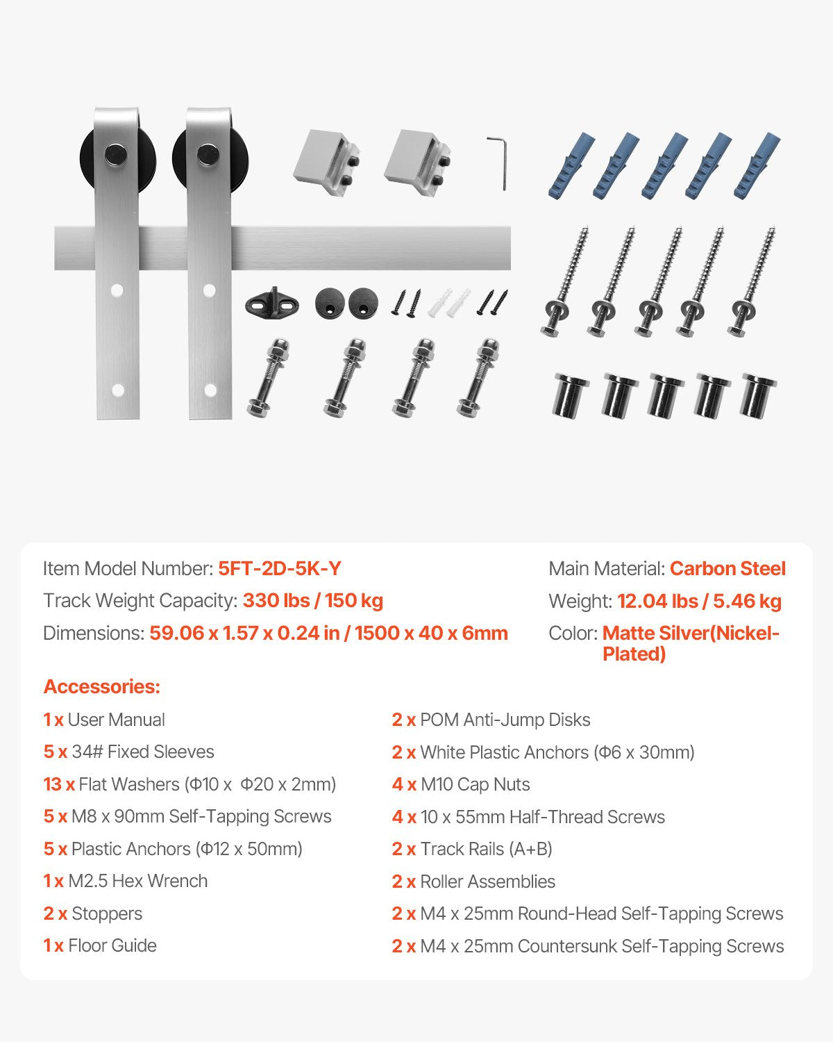 VEVOR 5FT Sliding Barn Door Hardware Kit for Single Sliding Barn Door Silver 