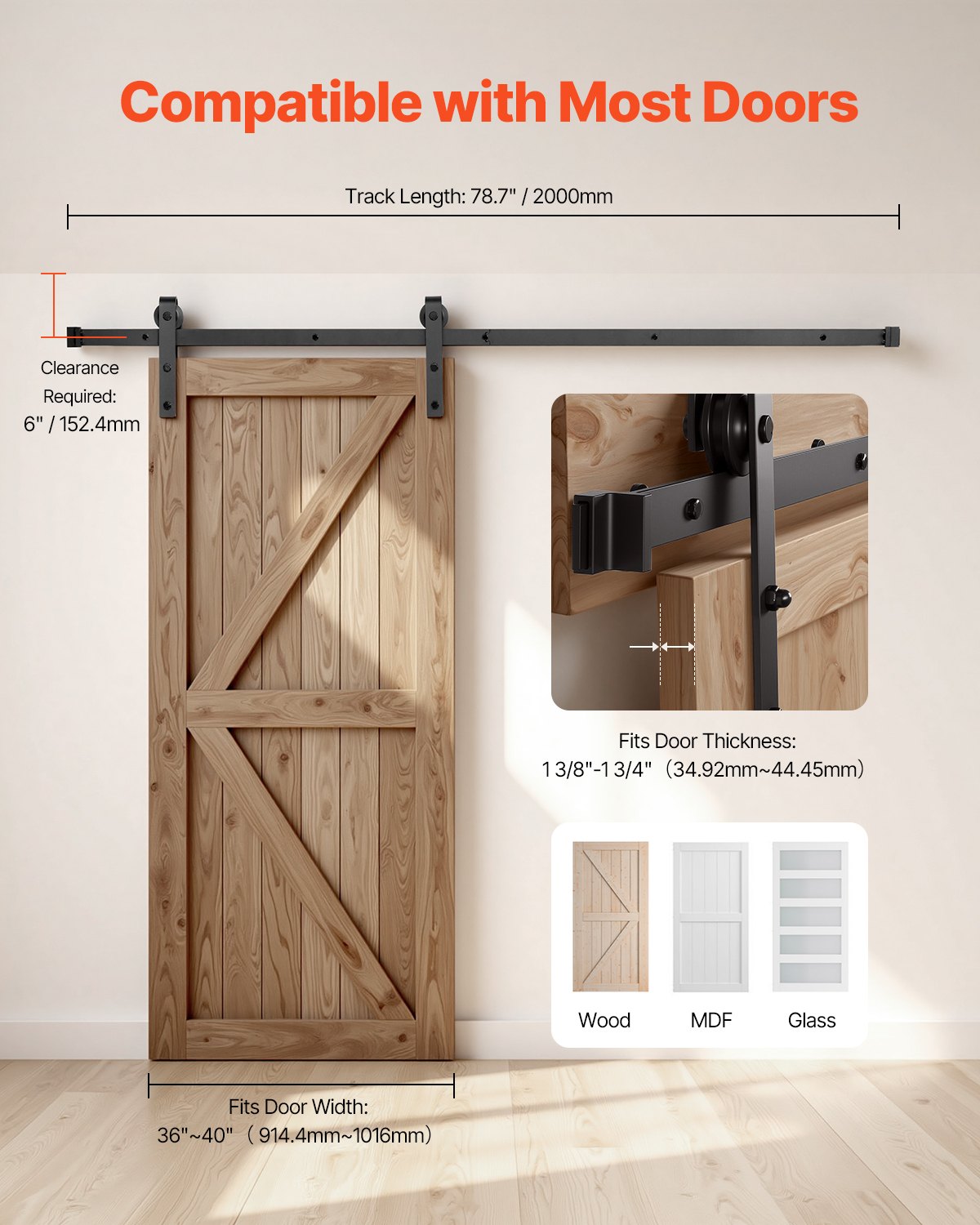 VEVOR 6.6FT Sliding Barn Door Hardware Kit for Single Sliding Barn Door Black 