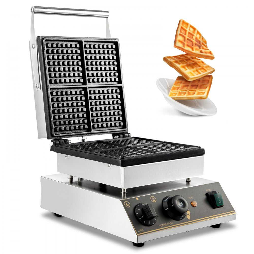 VEVOR 110V Commercial Waffle Maker 4Pcs Nonstick 2000W Electric Waffle Machine Stainless Steel 110V Temperature and Time Control Rectangle Belgian Waffle Maker Suitable for Bakeries Snack Bar Family 