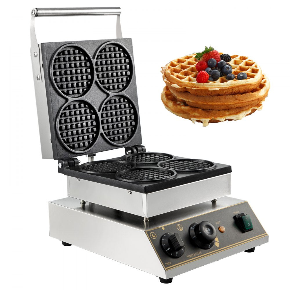 VEVOR Commercial Round Waffle Maker 4pcs Nonstick Electric Waffle Maker Machine Stainless Steel 110V Temperature and Time Control Heart Belgian Waffle Maker Suitable for Restaurant Snack Bar Family 