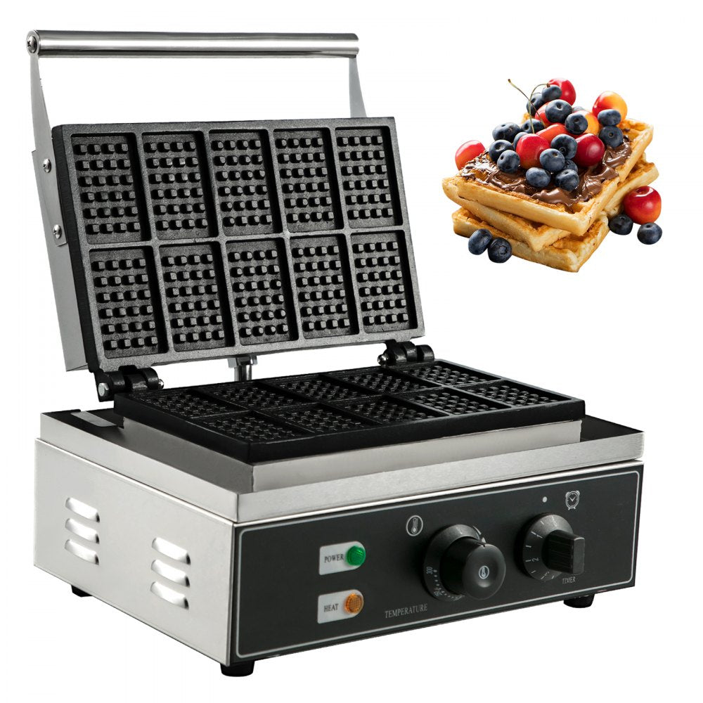 VEVOR Commercial Rectangle Waffle Maker 10pcs Nonstick Electric Waffle Maker Machine Stainless Steel 110V Temperature and Time Control Heart Waffle Maker Suitable for Restaurant Snack Bar 