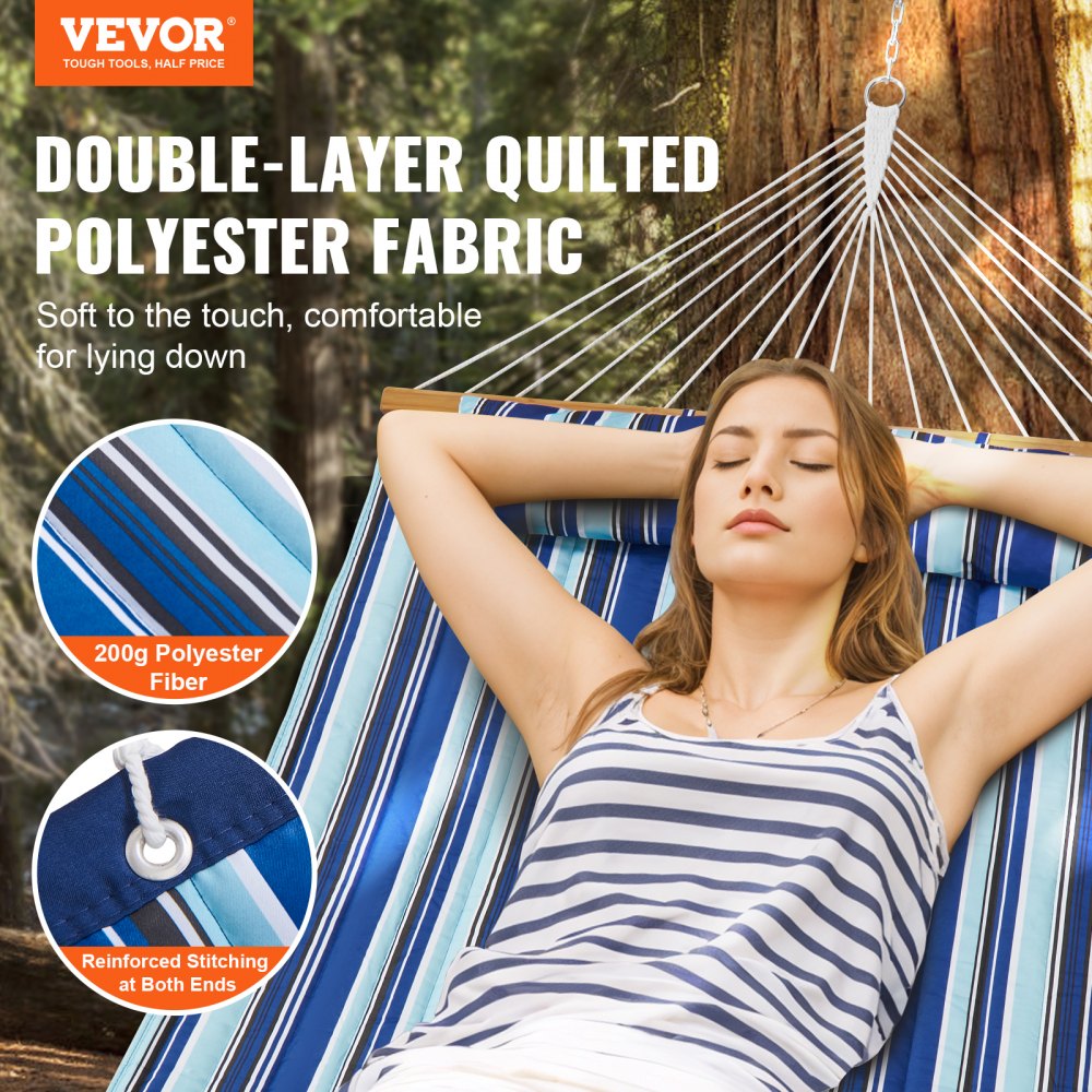 VEVOR Double Quilted Fabric Hammock, 12 FT Double Hammock with Hardwood Spreader Bars, 2 Person Quilted Hammock with Detachable Pillow and Chains for Camping Outdoor Patio Yard Beach, 480 lbs Capacity 