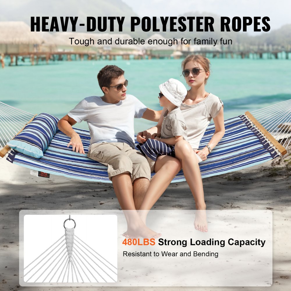 VEVOR Double Quilted Fabric Hammock, 12 FT Double Hammock with Hardwood Spreader Bars, 2 Person Quilted Hammock with Detachable Pillow and Chains for Camping Outdoor Patio Yard Beach, 480 lbs Capacity 