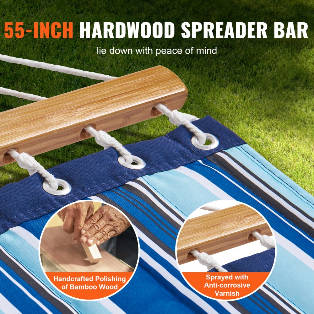 VEVOR Double Quilted Fabric Hammock, 12 FT Double Hammock with Hardwood Spreader Bars, 2 Person Quilted Hammock with Detachable Pillow and Chains for Camping Outdoor Patio Yard Beach, 480 lbs Capacity 