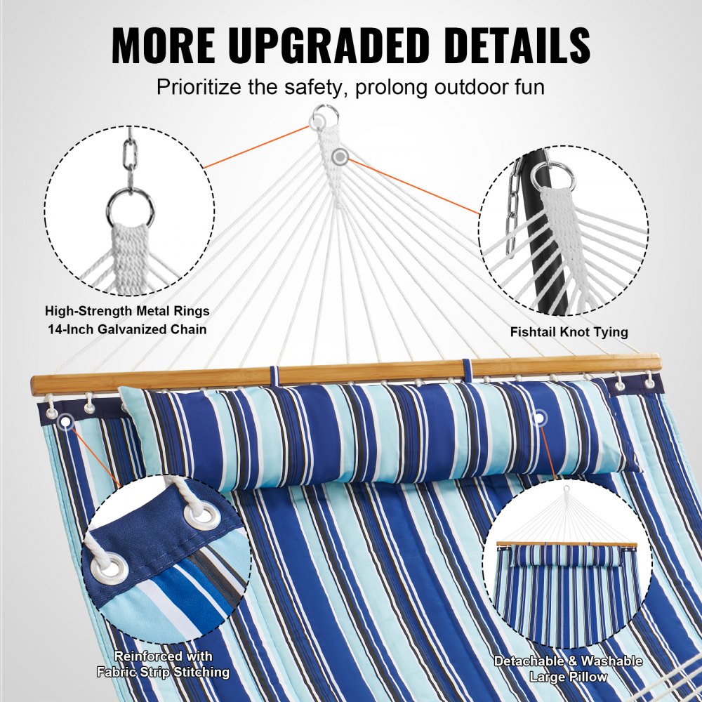 VEVOR Double Quilted Fabric Hammock, 12 FT Double Hammock with Hardwood Spreader Bars, 2 Person Quilted Hammock with Detachable Pillow and Chains for Camping Outdoor Patio Yard Beach, 480 lbs Capacity 