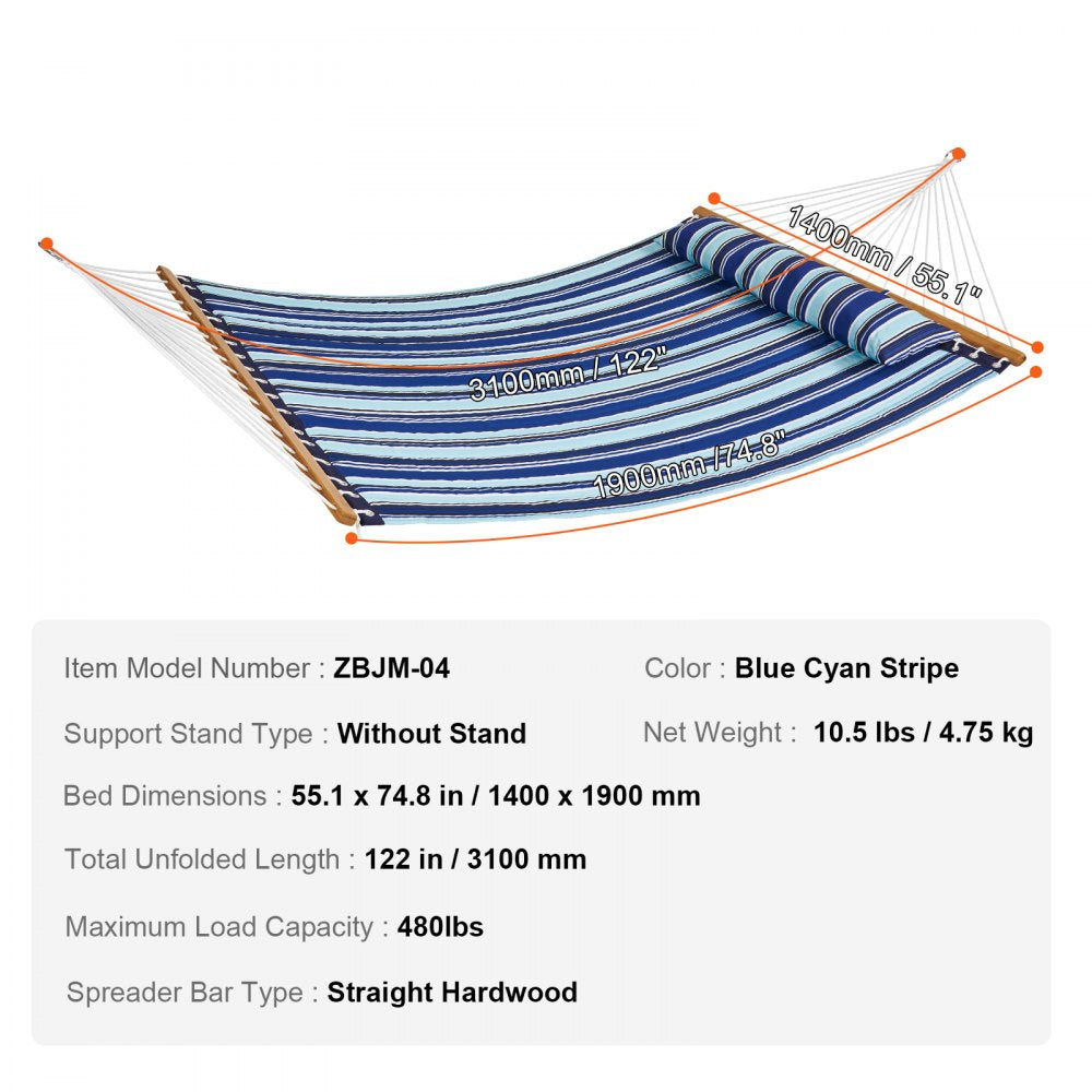 VEVOR Double Quilted Fabric Hammock, 12 FT Double Hammock with Hardwood Spreader Bars, 2 Person Quilted Hammock with Detachable Pillow and Chains for Camping Outdoor Patio Yard Beach, 480 lbs Capacity 