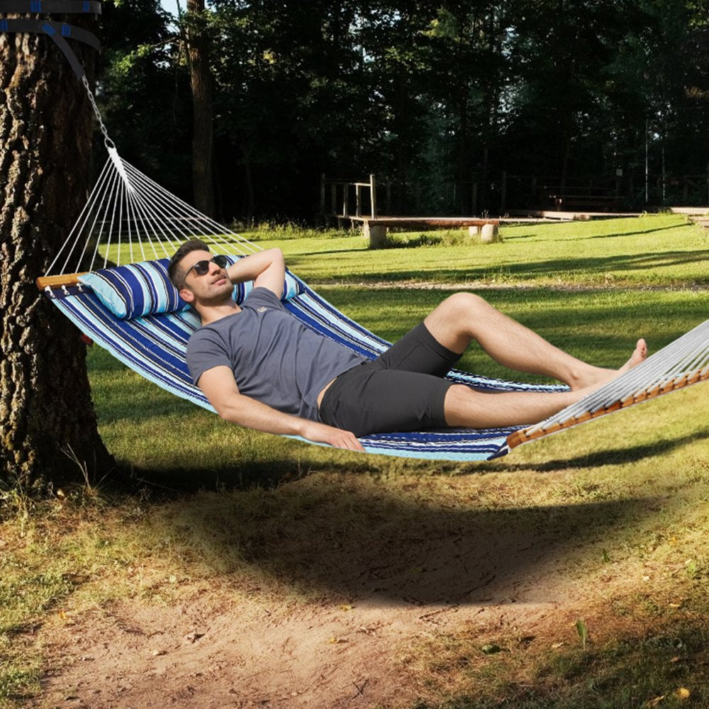 VEVOR Double Quilted Fabric Hammock, 12 FT Double Hammock with Hardwood Spreader Bars, 2 Person Quilted Hammock with Detachable Pillow and Chains for Camping Outdoor Patio Yard Beach, 480 lbs Capacity 