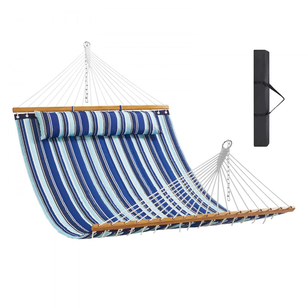 VEVOR Double Quilted Fabric Hammock, 12 FT Double Hammock with Hardwood Spreader Bars, 2 Person Quilted Hammock with Detachable Pillow and Chains for Camping Outdoor Patio Yard Beach, 480 lbs Capacity 