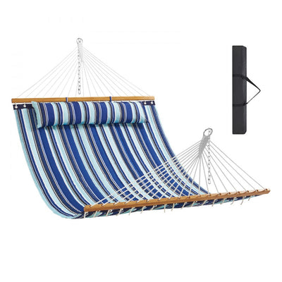 VEVOR Double Quilted Fabric Hammock, 12 FT Double Hammock with Hardwood Spreader Bars, 2 Person Quilted Hammock with Detachable Pillow and Chains for Camping Outdoor Patio Yard Beach, 480 lbs Capacity 