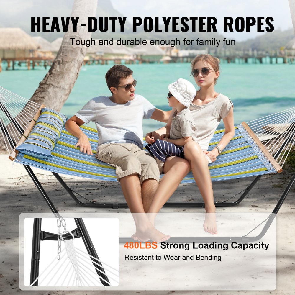 VEVOR Two Person Hammock with Stand Included Heavy Duty 480lb Capacity, Double Hammock with Portable Steel Stand and Carrying Bag and Pillow, Freestanding Hammock for Outdoor Patio Yard Beach 